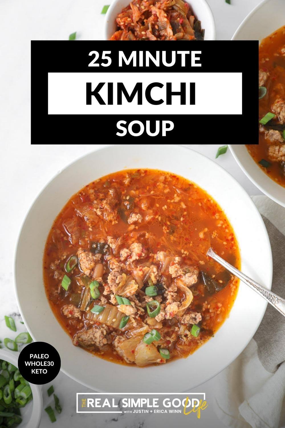 Vertical image with text overlay at the top. Close up of bowl of kimchi soup. 