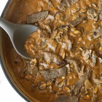 Close up overhead of creamy beef and mushroom skillet with spoon coming out