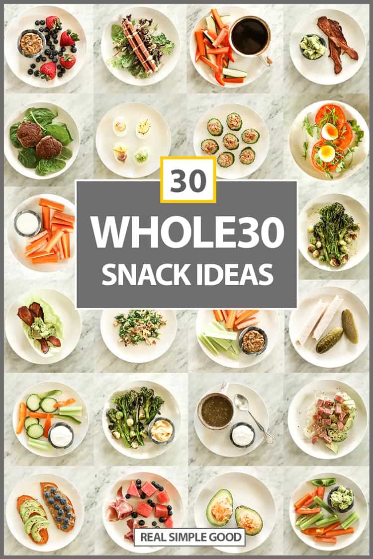 Whole30 Snacks collage vertical image with text in middle