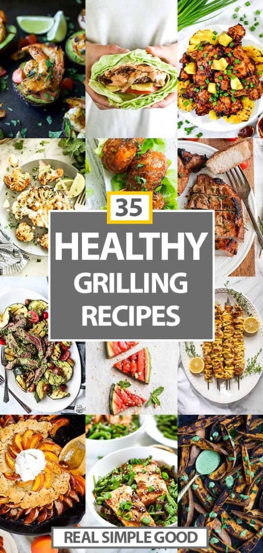 Collage of grilled recipes included in the roundup with text overlay in the middle for pinterest.
