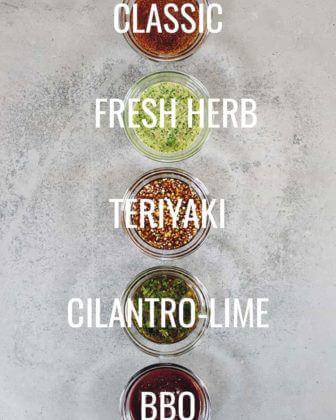 Overhead image of 5 easy and healthy homemade marinades in ramekins in a line with text name overlay over each one