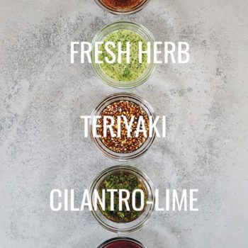 Overhead image of 5 easy and healthy homemade marinades in ramekins in a line with text name overlay over each one