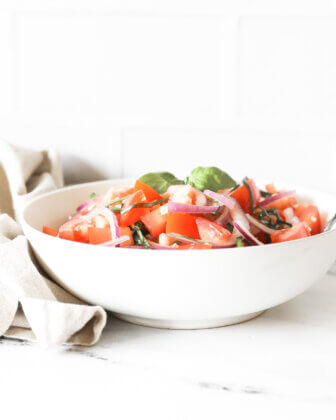 Straight on shot of tomato onion salad in a white bowl