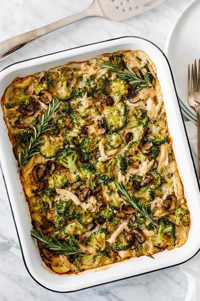Whole30 chicken broccoli casserole overhead in dish - healthy casseroles