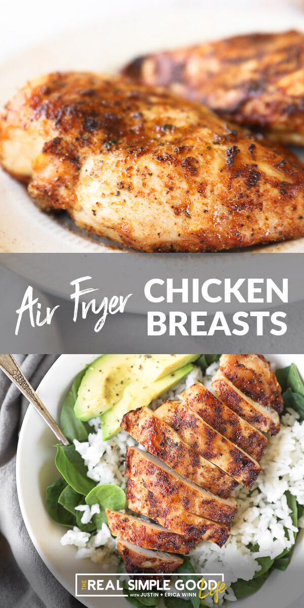 Split image with text in middle. Close up of cooked chicken breasts on top and sliced chicken in a bowl with greens and rice at bottom.