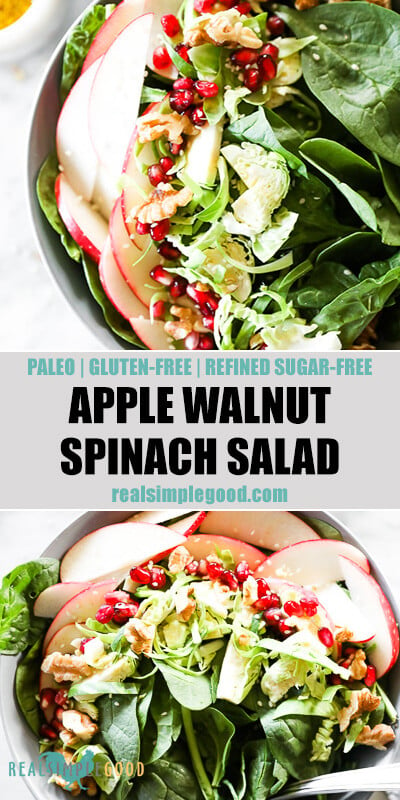 Two close up vertical images of apple walnut spinach salad in bowls with text overlay in the middle. 