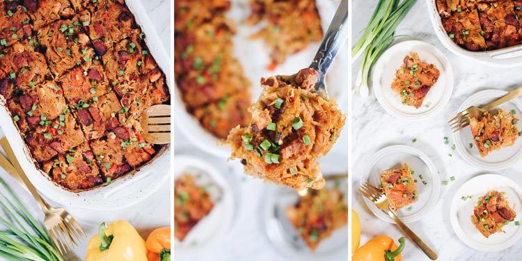 We love when spaghetti squash is in season, so we can make this Paleo BBQ Chicken Casserole. It's a cleaner and healthier way to enjoy total comfort food! Paleo, Gluten-Free, Dairy-Free + Refined Sugar-Free. | realsimplegood.com