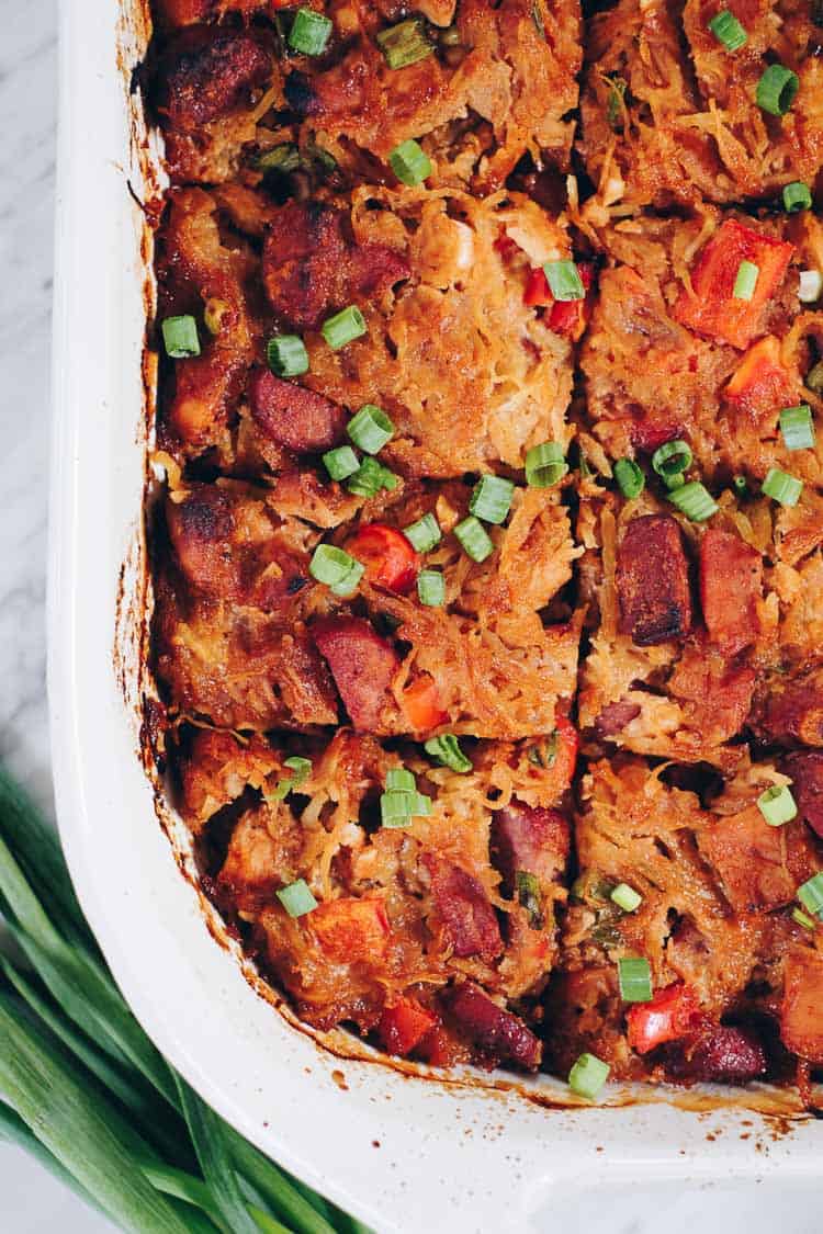 We love when spaghetti squash is in season, so we can make this Paleo BBQ Chicken Casserole. It's a cleaner and healthier way to enjoy total comfort food! Paleo, Gluten-Free, Dairy-Free + Refined Sugar-Free. | realsimplegood.com