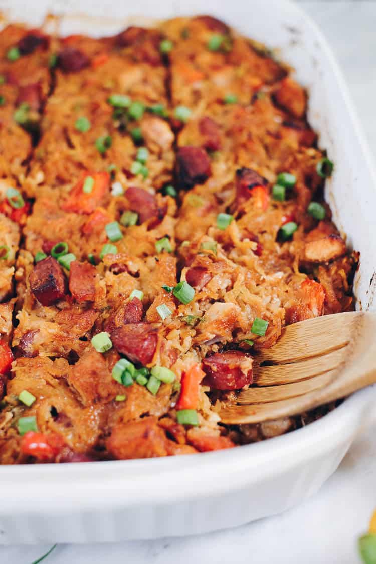 We love when spaghetti squash is in season, so we can make this Paleo BBQ Chicken Casserole. It's a cleaner and healthier way to enjoy total comfort food! Paleo, Gluten-Free, Dairy-Free + Refined Sugar-Free. | realsimplegood.com