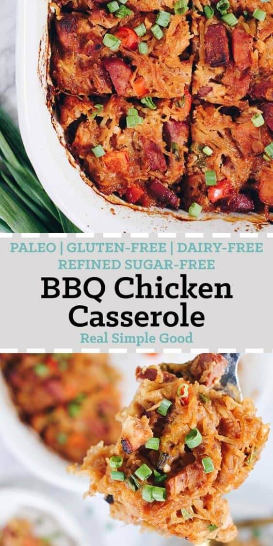 We love when spaghetti squash is in season, so we can make this Paleo BBQ Chicken Casserole. It's a cleaner and healthier way to enjoy total comfort food! Paleo, Gluten-Free, Dairy-Free + Refined Sugar-Free. | realsimplegood.com