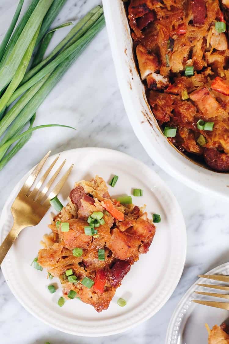 We love when spaghetti squash is in season, so we can make this Paleo BBQ Chicken Casserole. It's a cleaner and healthier way to enjoy total comfort food! Paleo, Gluten-Free, Dairy-Free + Refined Sugar-Free. | realsimplegood.com
