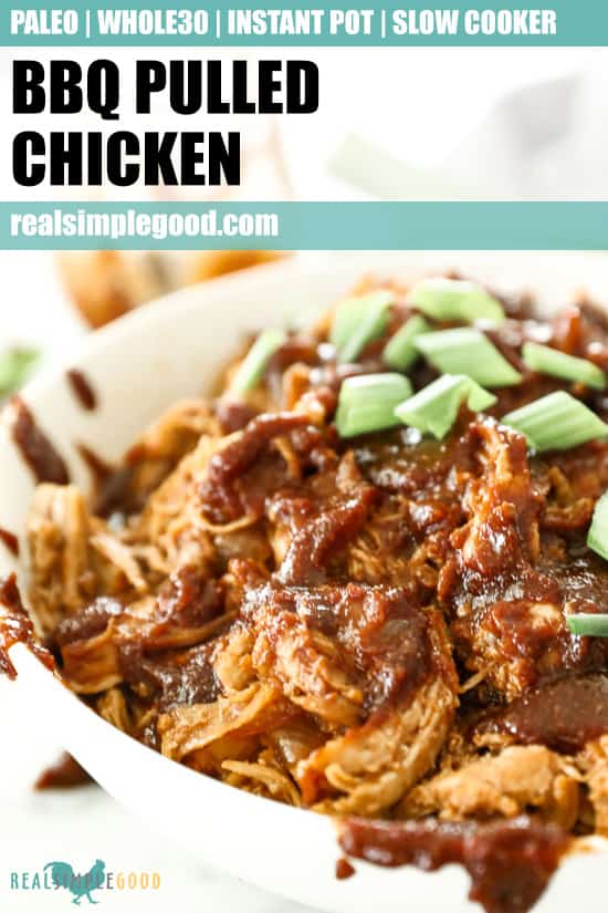 Angled vertical image with text overlay at top for pinterest of BBQ pulled chicken in a bowl with lots of extra sauce drizzled everywhere and topped with chopped green onion. 