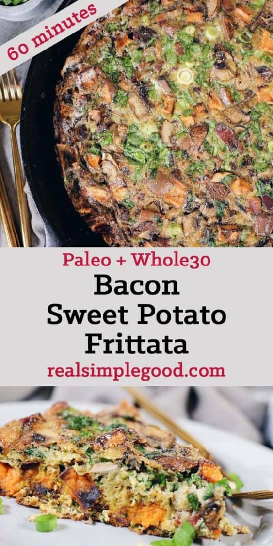 This Paleo and Whole30 bacon sweet potato frittata is a savory-sweet dish that is perfect for making over the weekend to have in the fridge during the week. Paleo, Whole30 + Dairy-Free | realsimplegood.com
