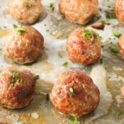 Close up image of baked ground pork meatballs