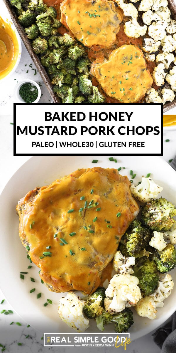 Vertical split image with text overlay in the middle. Top image is of pork chops on sheet pan. Bottom image is close up of a pork chop served on a plate with broccoli and cauliflower. 