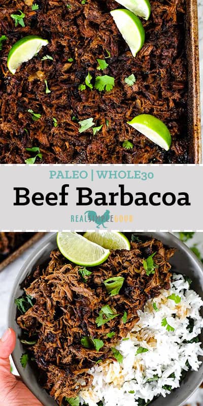 Make this Paleo + Whole30 beef barbacoa in your Instant Pot or Slow Cooker. It's a little smoky with some spice and citrus, and it makes lots of leftovers! | realsimplegood.com #paleo #whole30 #instantpot #slowcooker #crockpot