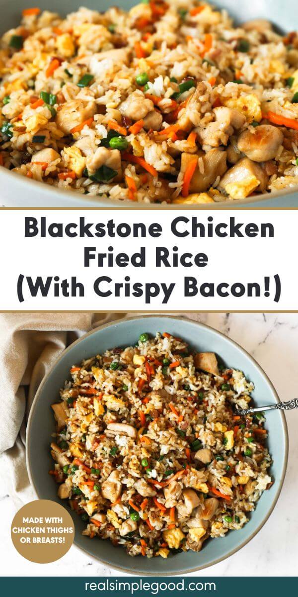 Vertical collage with text overlay in the middle. Top image is a close up angled shot of fried rice in a bowl. Bottom image a serving bowl full of fried rice with a spoon.