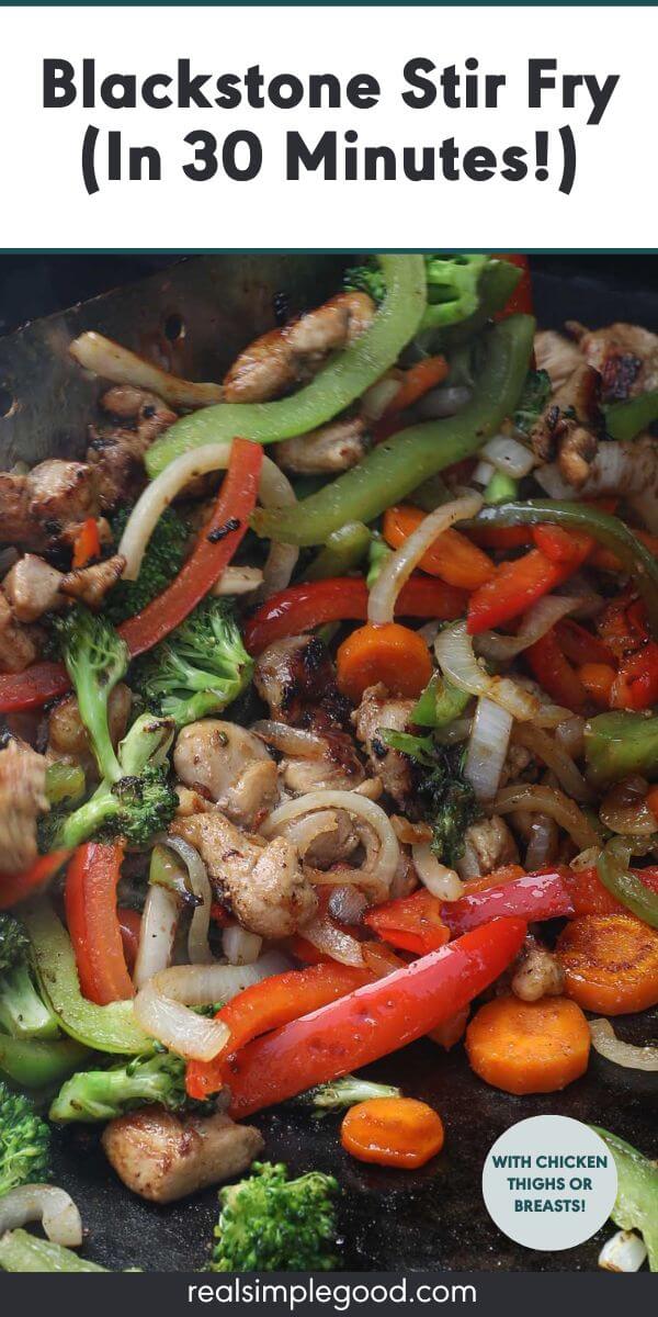 Vertical image with text overlay at the top. Image is of stirring chicken and veggies on the Blacktop.