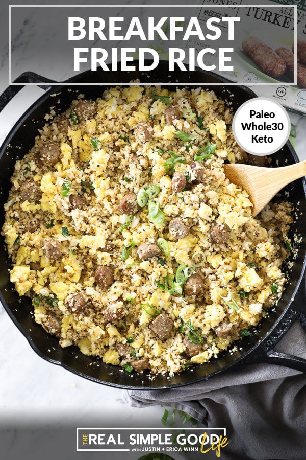 Breakfast fried rice in a skillet with a wooden spoon and chopped green onion sprinkled on top. Text overlay at top. 