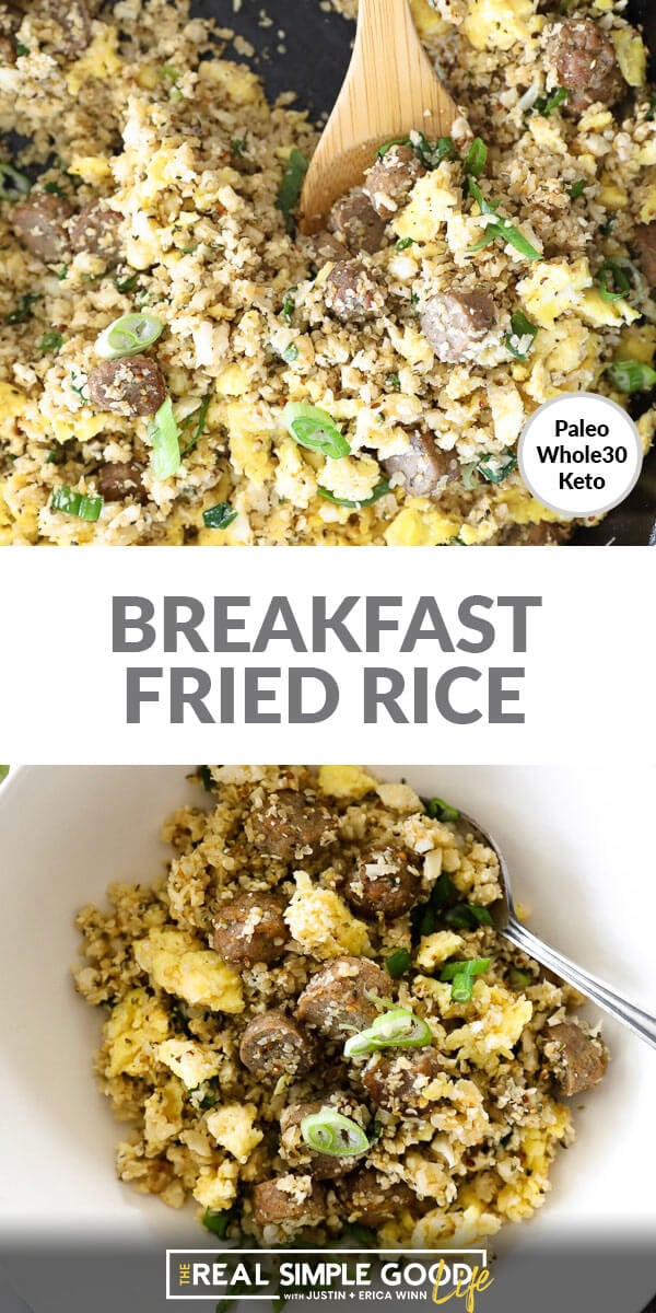 Two vertical images stacked with text overlay in the middle. Top image is close up of fried rice in skillet with wooden spoon. Bottom image is served in a bowl with a fork. 