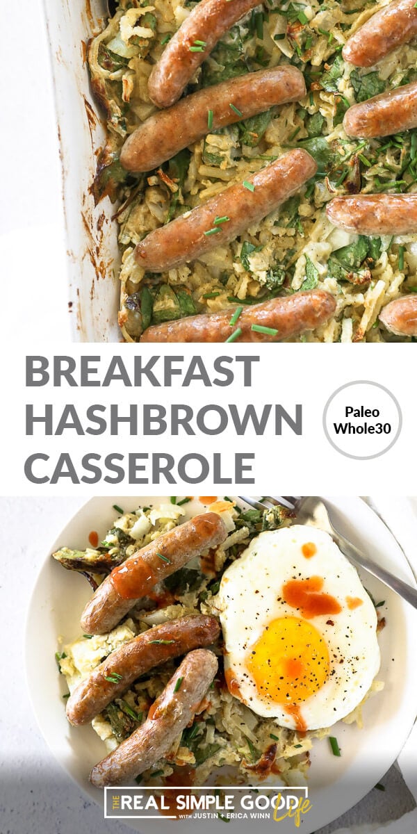 Vertical split image with text overlay in the middle. Top image is close up of breakfast casserole in serving dish. Bottom image is served on a plate with a fried egg on top. 