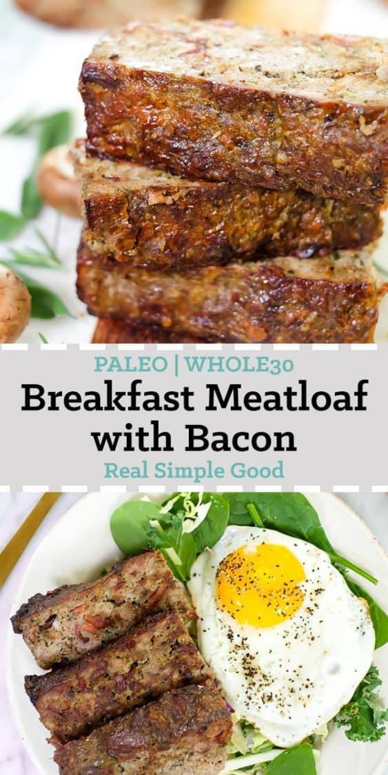 Breakfast meatloaf with bacon horizontal long pinterest image with text in middle