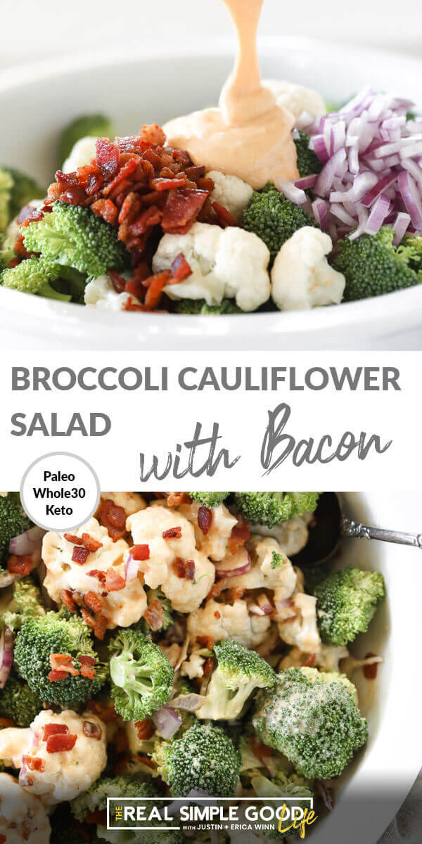 Split image with text in middle. Sauce being poured into bowl on top and broccoli and cauliflower florets in bowl with bacon on bottom
