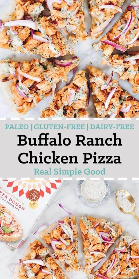 Pizza time!! Buffalo ranch chicken pizza to be specific! Enjoy this Paleo, gluten free and dairy free pizza recipe featuring Simple Mills pizza dough mix! | realsimplegood.com