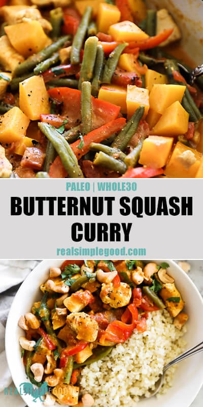 Two vertical images of butternut squash curry with text overlay in the middle. Top image is close up in skillet and bottom image is served in a bowl with cauliflower rice. 