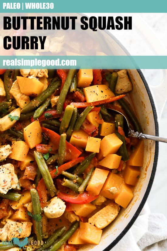 Close up image of butternut squash curry in a skillet with serving spoon. Text overlay at top. 