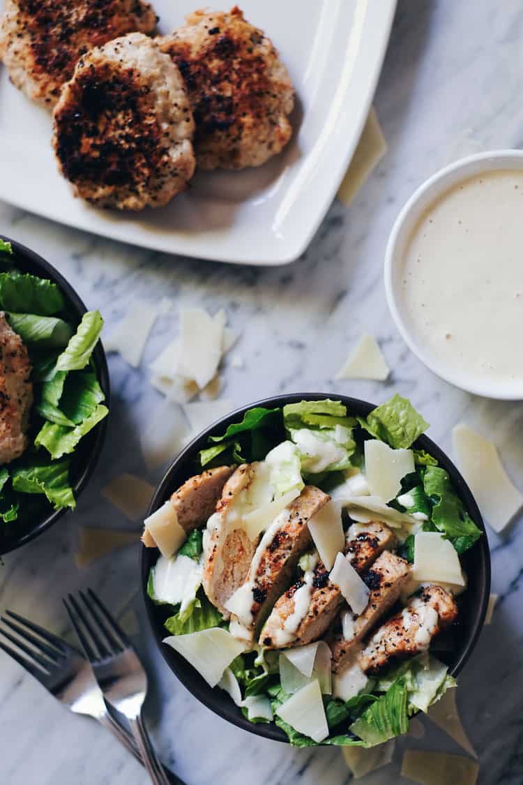 These Caesar Turkey Burger Bowls are really the perfect bowl meal though, and you will love the Paleo and Whole30 compliant caesar dressing. Paleo + Whole30 Option. | realsimplegood.com