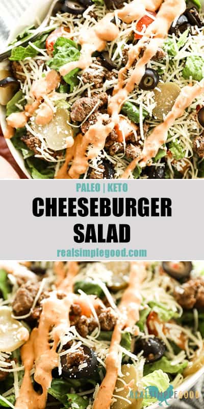 Two close up images of cheeseburger salad with text overlay in the middle for pinterest. 