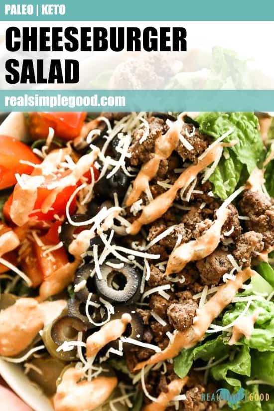 Close up of cheeseburger salad with text overlay at top for pinterest.