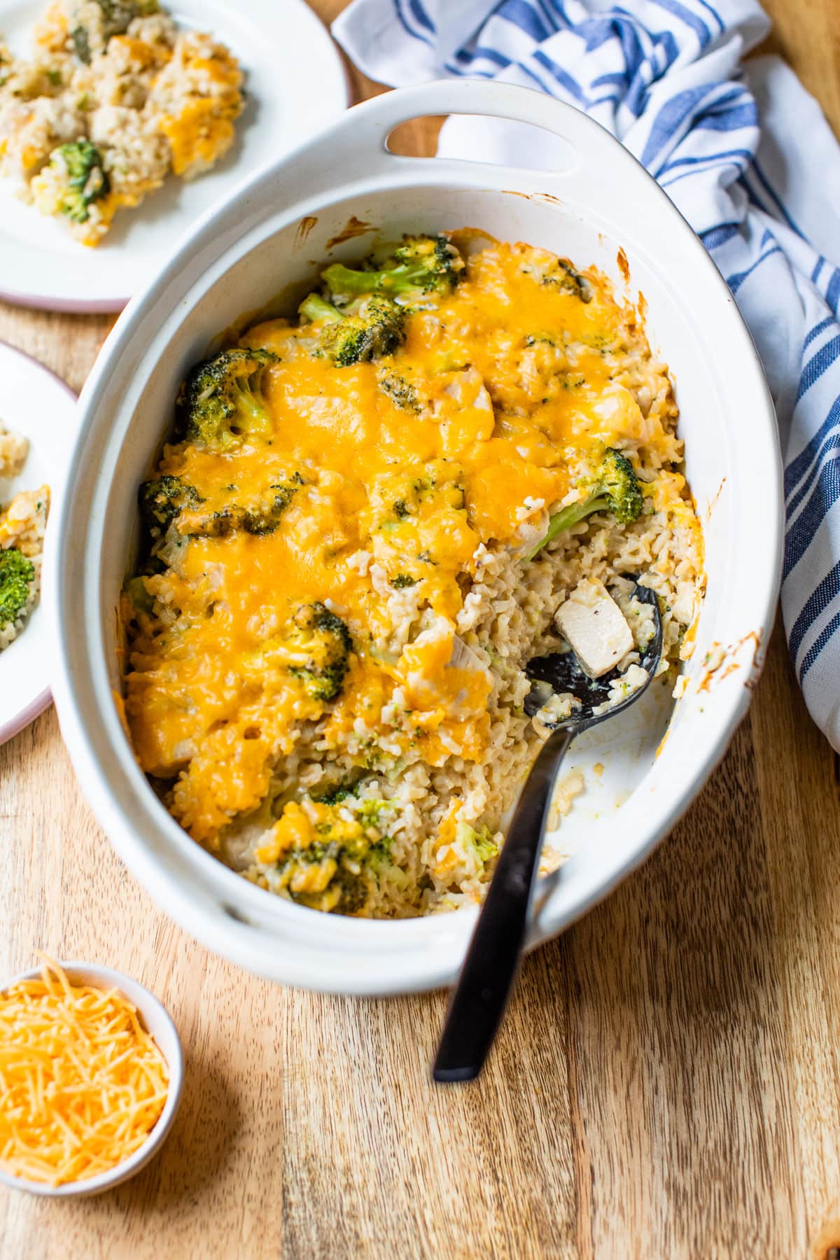 Chicken and rice casserole with cheese on top