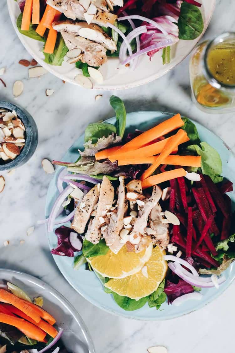 This fresh and colorful chicken and beet salad with orange is one that you will enjoy and look forward to! The dressing is amazing and Whole30 friendly, too! #paleo #whole30 #recipe | realsimplegood.com