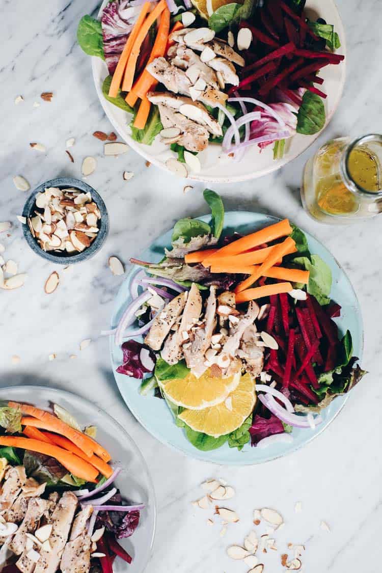 This fresh and colorful chicken and beet salad with orange is one that you will enjoy and look forward to! The dressing is amazing and Whole30 friendly, too! #paleo #whole30 #recipe | realsimplegood.com