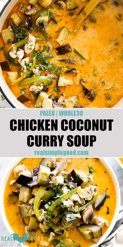 Chicken coconut curry soup split image with text in middle. In pot with spoon on top and in bowl at bottom.