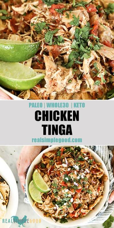 Two images of shredded chicken with chopped cilantro and lime wedges with text overlay in the middle for pinterest. 