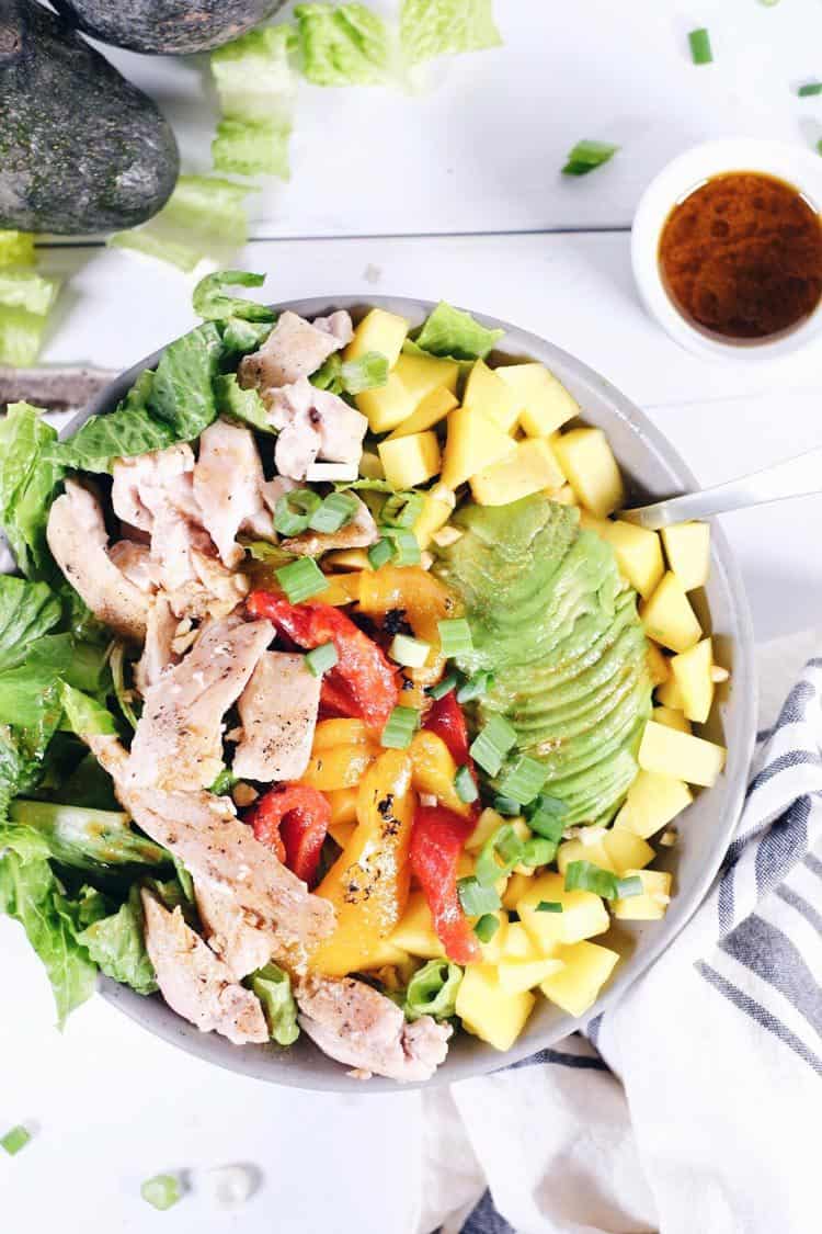 Chili lime chicken salad with mango bell pepper and avocado