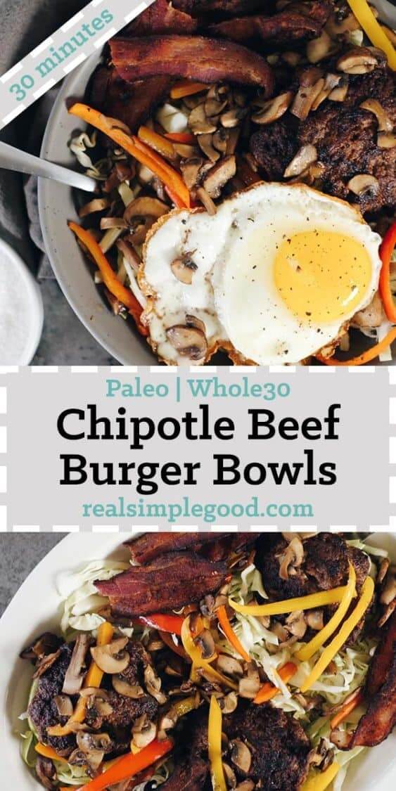 These chipotle beef Paleo burger bowls are a quick and easy meal you'll love. They're a tasty new spin on a traditional burger, with colorful toppings! Paleo + Whole30 | realsimplegood.com