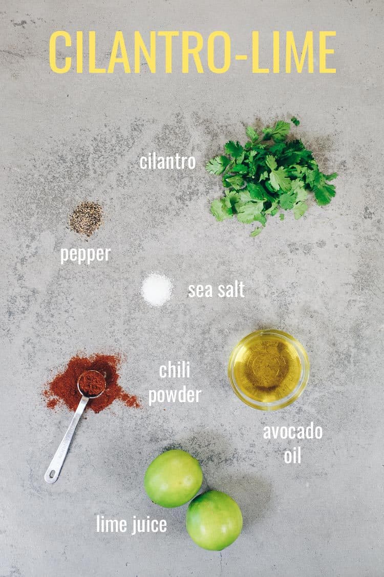 Cilantro lime marinade ingredients laid out on gray background with text overlay by ingredients