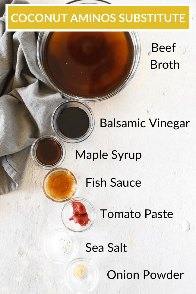 Ingredients for coconut aminos recipe on a board with text overhead shot
