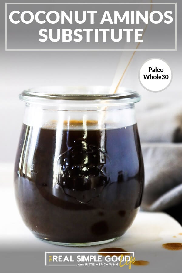 DIY coconut aminos substitute in a jar with spoon close up vertical image with text at top

