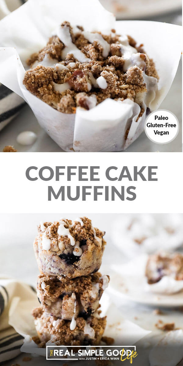 Two images of coffee cake muffins with text overlay in the middle. Top image is close up angled shot of one muffin. Bottom image is a stack of three muffins. 