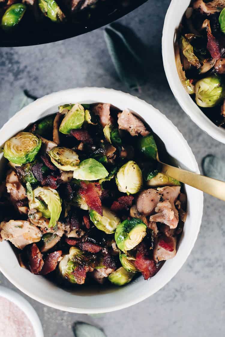 This Paleo + Whole30 Creamy Bacon Chicken and Brussels Sprouts Skillet is one that you will add to your regular rotation. It's full of dairy-free, creamy goodness that pairs so well with the salty bacon! #paleolife #whole30 #recipe #dairyfree #glutenfree | realsimplegood.com