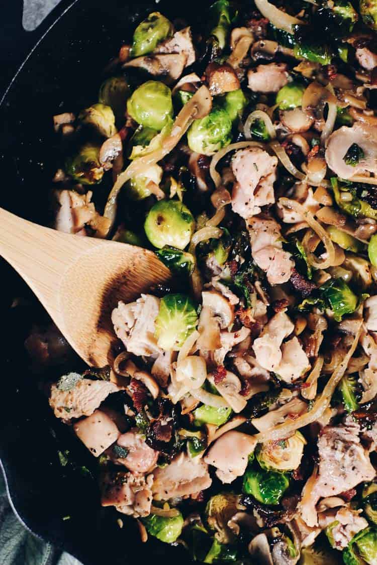 This Paleo + Whole30 Creamy Bacon Chicken and Brussels Sprouts Skillet is one that you will add to your regular rotation. It's full of dairy-free, creamy goodness that pairs so well with the salty bacon! #paleolife #whole30 #recipe #dairyfree #glutenfree | realsimplegood.com