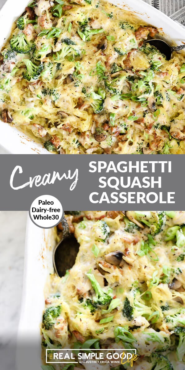 Split image with text in middle. Creamy spaghetti squash casserole on top and angled version of casserole with spoon in it on bottom.