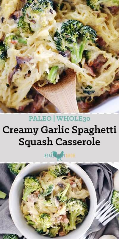 This creamy garlic spaghetti squash casserole is so creamy and delicious! It has a Paleo + Whole30 compliant creamy sauce that's smothered over spaghetti squash, mushrooms, broccoli, and sausage. The perfect Whole30 casserole to satisfy your comfort food cravings. Paleo, Whole30, Gluten-Free + Dairy-Free. | realsimplegood.com