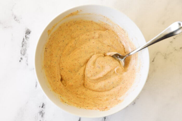 Mixed up sweet potato fries dipping sauce in a bowl