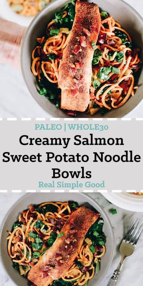 Creamy salmon sweet potato noodle bowls long pinterest image with text